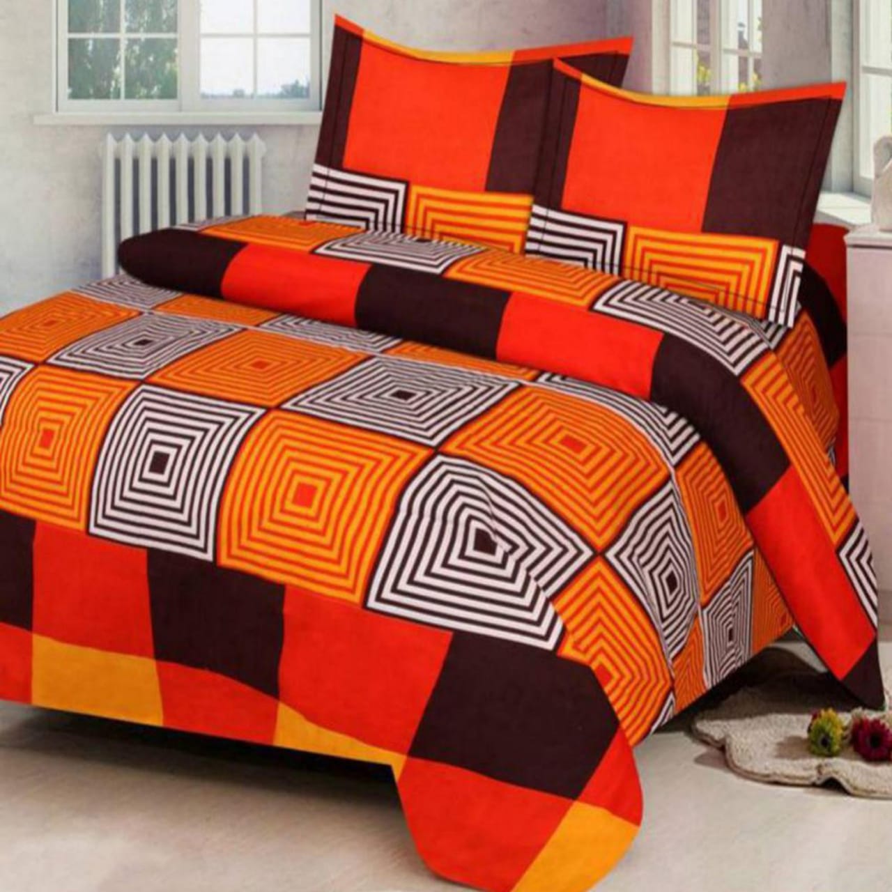 Orange And  Black Color Combination Pattern Three Dimensional Bedsheets With Two Free Pillow Covers 